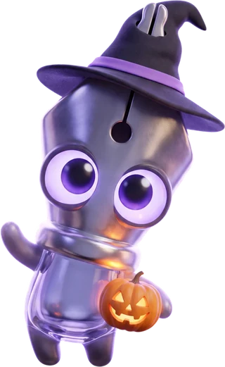 Filo, the GrinTale mascot, dressed up for Halloween